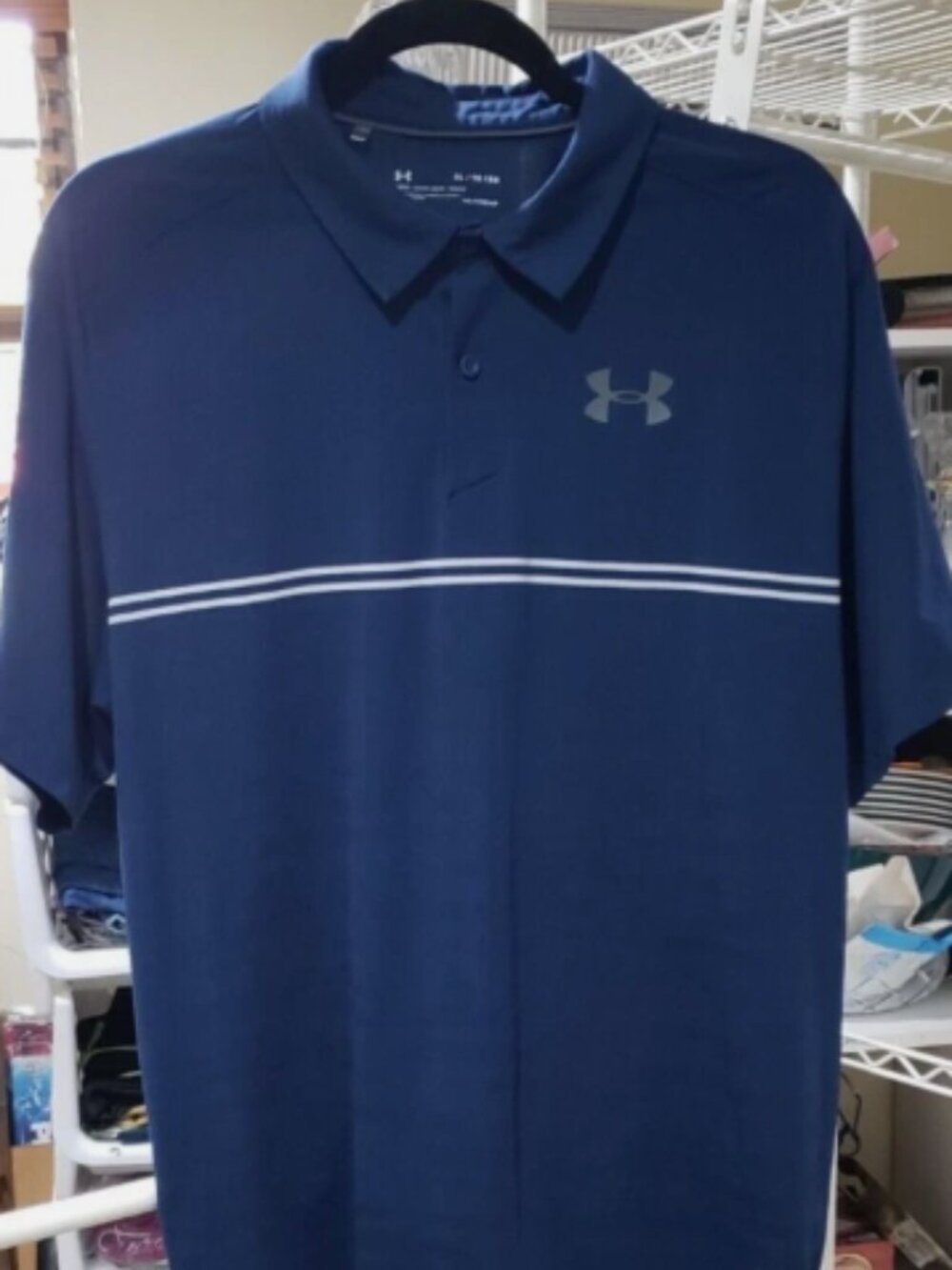 Under Armour HeatGear Men's Polo Shirt XL Navy Blue 2-Horizontal Stripes Dotwork